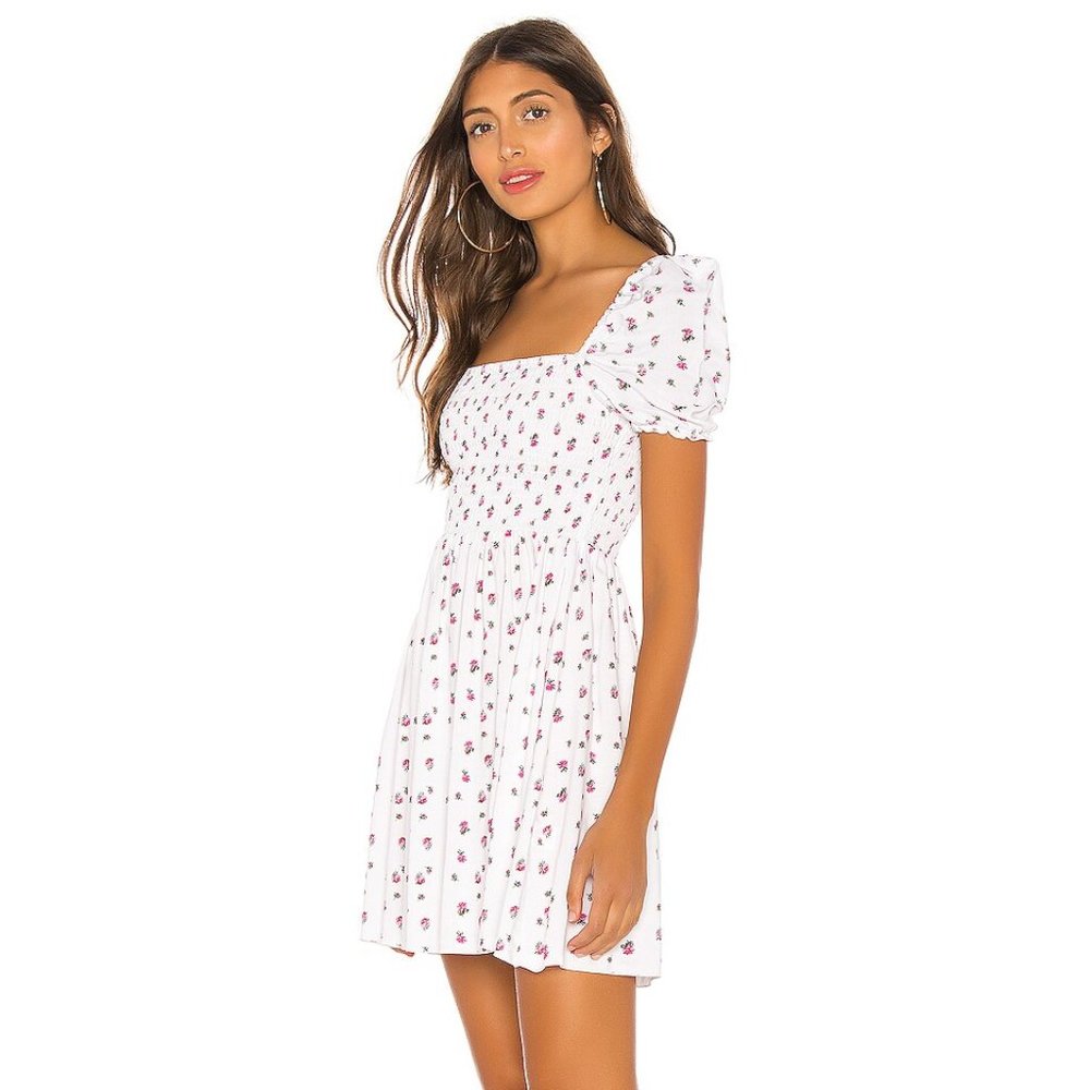Revolve LPA Violet White Rose Print Smocked Square Neck Puff Sleeve Dress - Picture 2 of 4